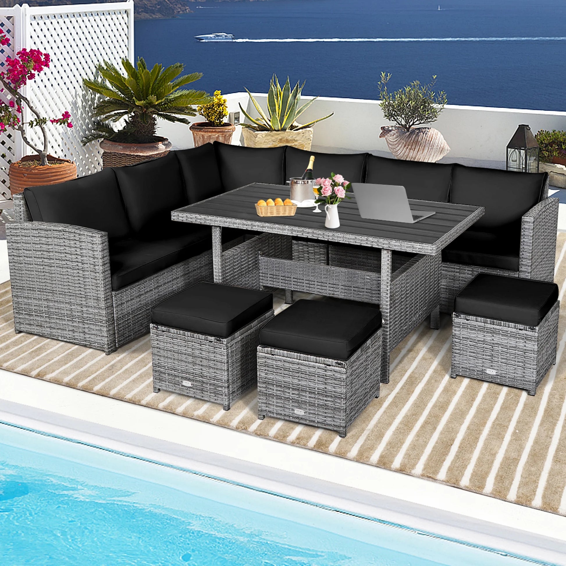 7PCS Rattan Patio Sectional Sofa Set Conversation Set W/ Black Cushions