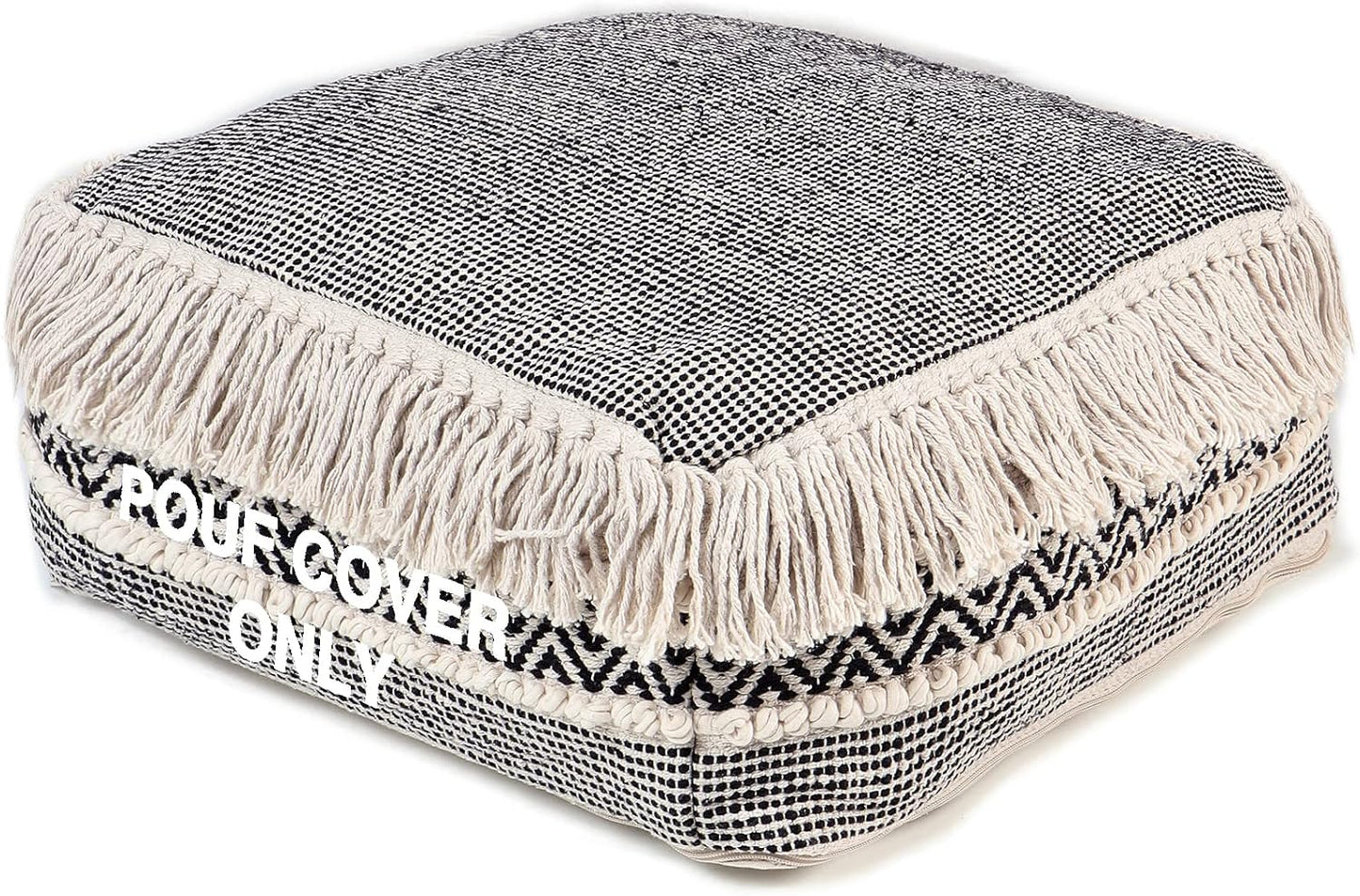· UNSTUFFED Pouf Ottoman Cover Textured Storage Cube Boho Bean Bag Footrest Stool for Living Room, Bedroom,Nursery, Farmhouse, Kidsroom, Patio, Gym; 100% Cotton (20"X20"X8"; Black)