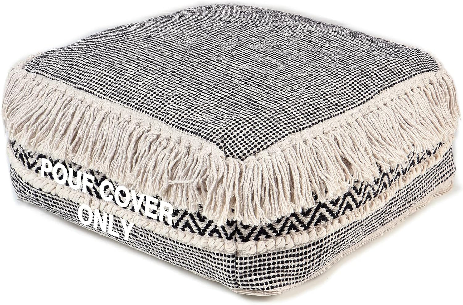 · UNSTUFFED Pouf Ottoman Cover Textured Storage Cube Boho Bean Bag Footrest Stool for Living Room, Bedroom,Nursery, Farmhouse, Kidsroom, Patio, Gym; 100% Cotton (20"X20"X8"; Black)