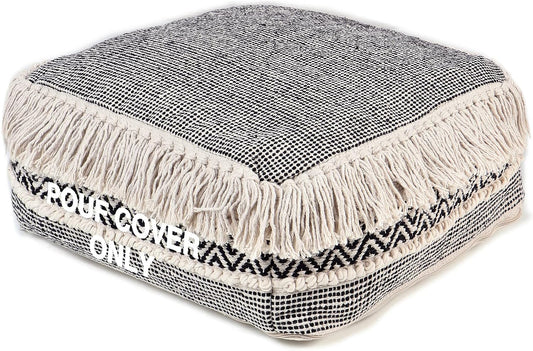 · UNSTUFFED Pouf Ottoman Cover Textured Storage Cube Boho Bean Bag Footrest Stool for Living Room, Bedroom,Nursery, Farmhouse, Kidsroom, Patio, Gym; 100% Cotton (20"X20"X8"; Black)