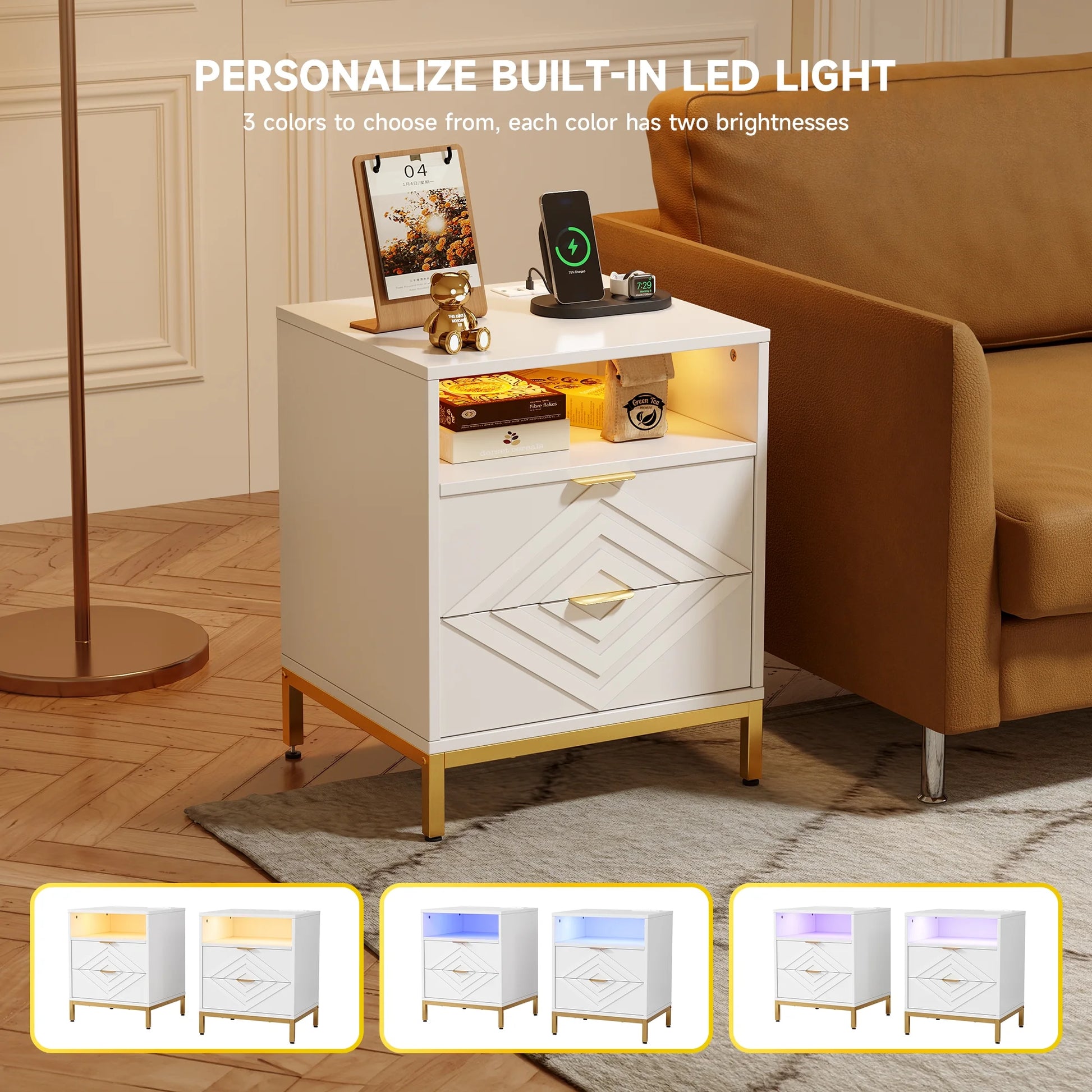 LED Nightstand with 2 Drawers, Charging Station, White Modern Night Table High Gloss End Side Table for Bedroom