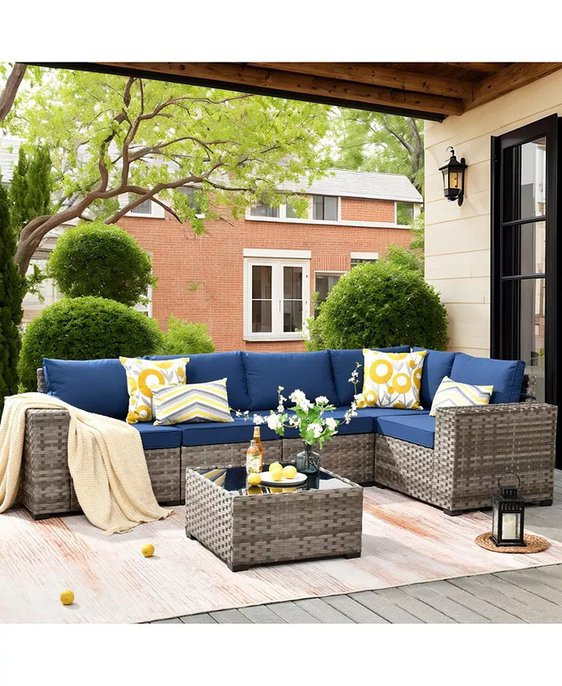 Patio Furniture Set,6 Piece Outdoor Sectional Sofa Couch Set,Patio Conversation Set with Modular Wicker Chairs,Widened Armrest,Side Table,Orange Red