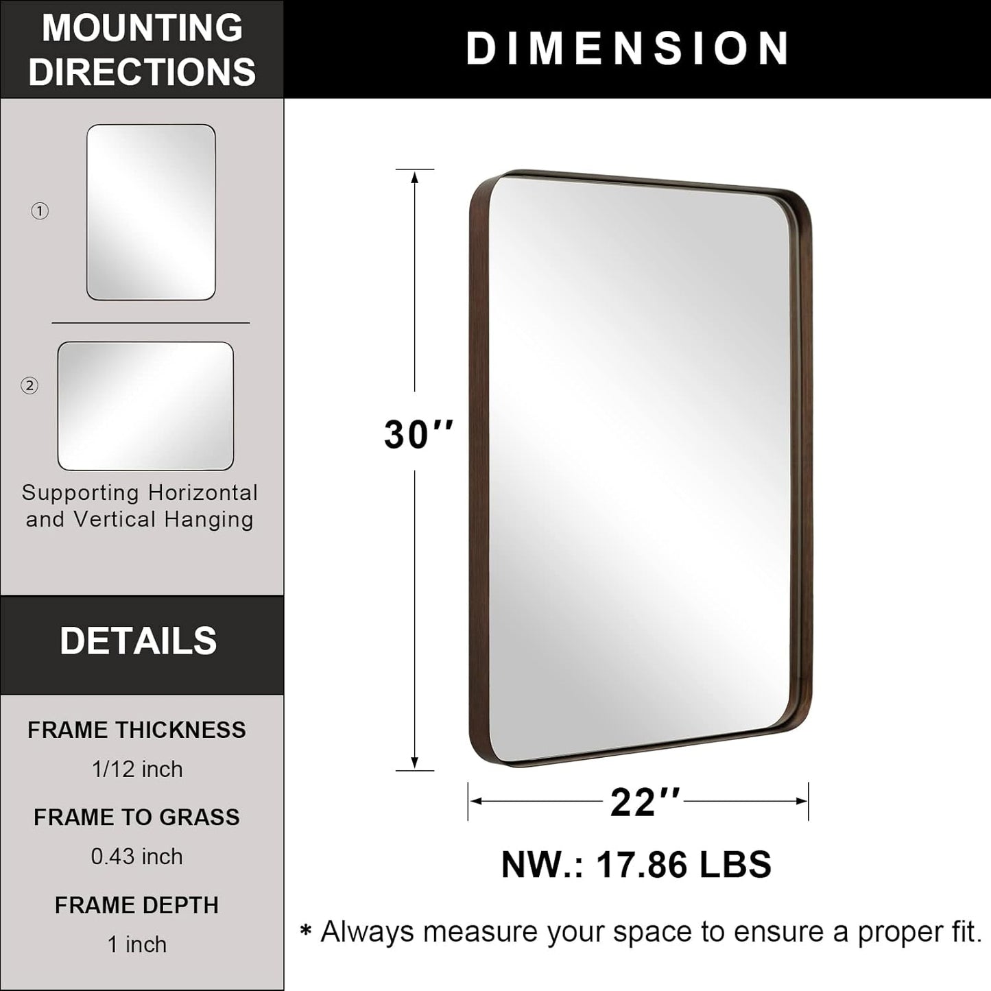 Wall Mirror for Bathroom, 22" X 30" Bronze Bathroom Mirror with Stainless Steel Metal Frame Rounded Corner 1’’ Deep Set Design