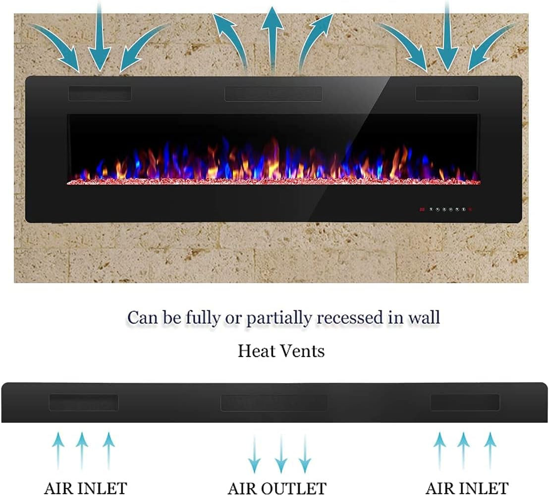 68 Inch Recessed and Wall Mounted Electric Fireplace, Ultra Thin and Low Noise,Fit for 2 X 6 Stud, Remote Control with Timer,Touch Screen,Adjustable Flame Color and Speed