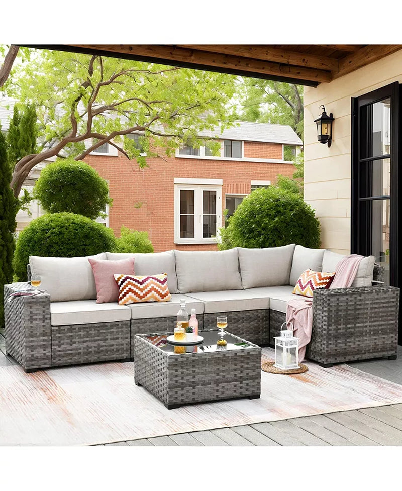 Patio Furniture Set,6 Piece Outdoor Sectional Sofa Couch Set,Patio Conversation Set with Modular Wicker Chairs,Widened Armrest,Side Table,Orange Red