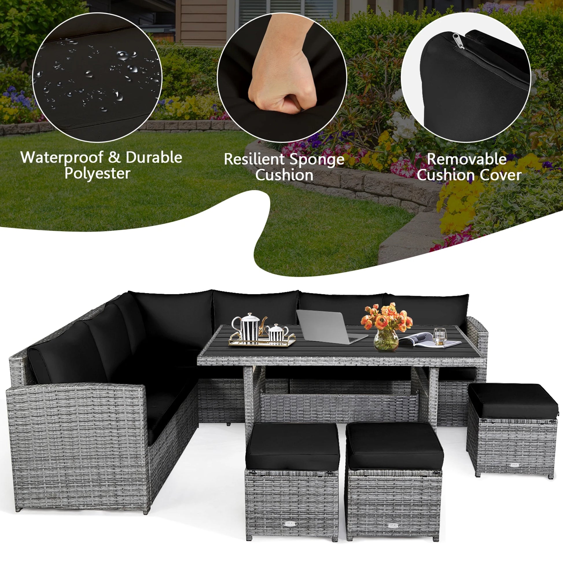 7PCS Rattan Patio Sectional Sofa Set Conversation Set W/ Black Cushions