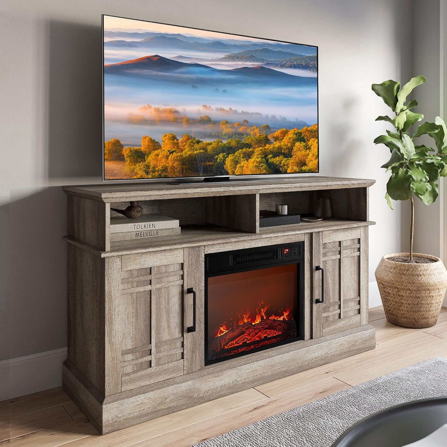 48" TV Stand with 18" Electric Fireplace Heater, Modern TV Stand for Tvs up to 50", Entertainment Media Stand with Open Shelves and Storage Cabinets for Living Room, Bedroom (Ashland Pine)