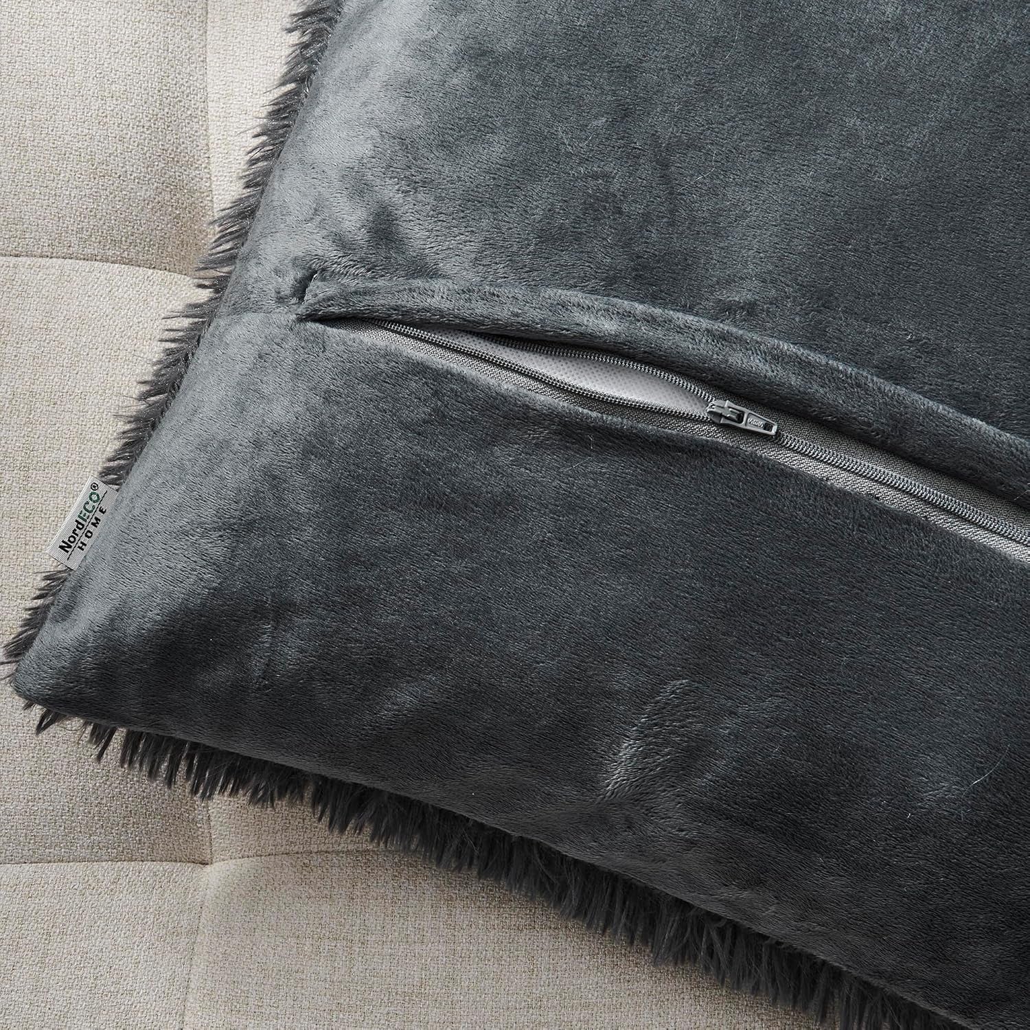 Luxury Soft Faux Fur Fleece Cushion Cover Pillowcase Decorative Throw Pillows Covers, No Pillow Insert, 12" X 20" Inch, Dark Grey, 2 Pack