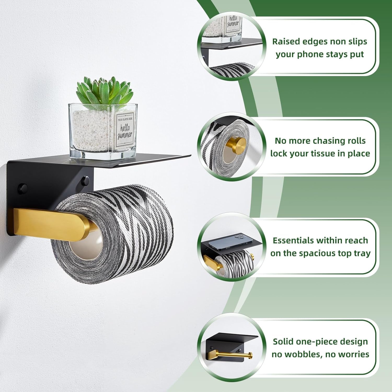 Black Gold Toilet Paper Holder with Phone Shelf, 304 Stainless Steel Bathroom Paper Holder Wall Mounted, Heavy Duty Tissue Roll Dispenser