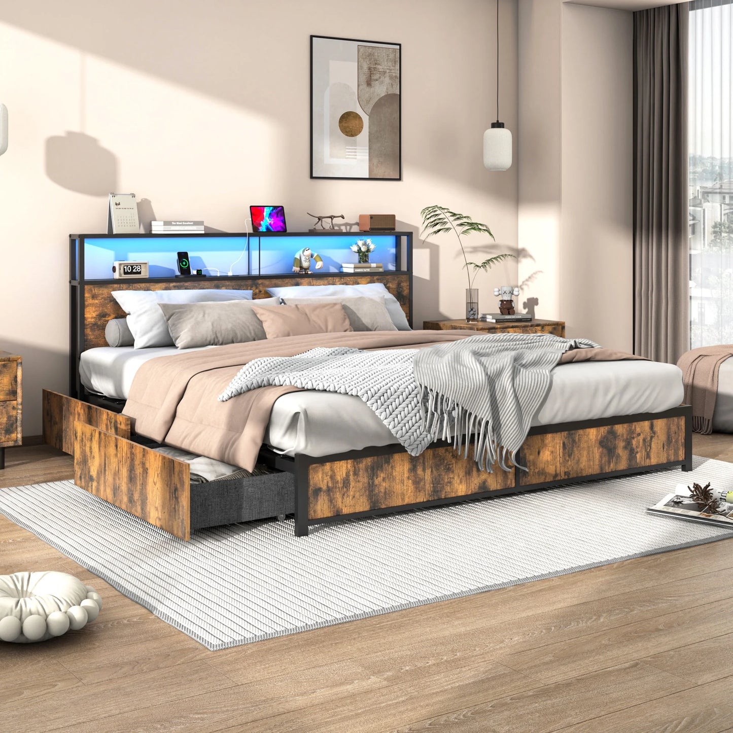 King Size Bed Frame with LED Light & Outlets USB Ports, Metal Platform Bed with Storage Headboard & 4 Large Drawers, No Box Spring Needed