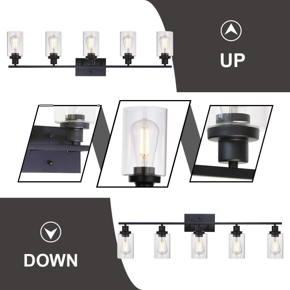 40 Inches Length 5-Light Bathroom Vanity Light Fixtures Black Industrial Wall Sconce Lighting with Clear Glass Shade for Living Room Bedroom Hallway Kitchen (Patent No.: US D963914 S)