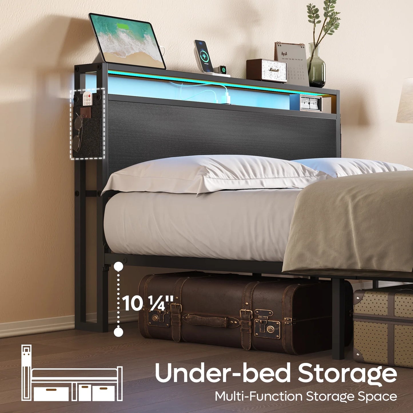 Full Size Bed Frame with Charging Station and 2 USB Ports and Outlets,Led Light Storage Headboard,Noise Free Design, Black