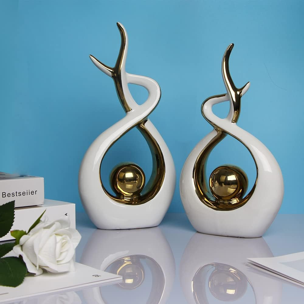 Home Decor Modern Abstract Art Ceramic Statue Table Decorations for Dining Room Living Room Office Centerpiece (White and Gold, Small)
