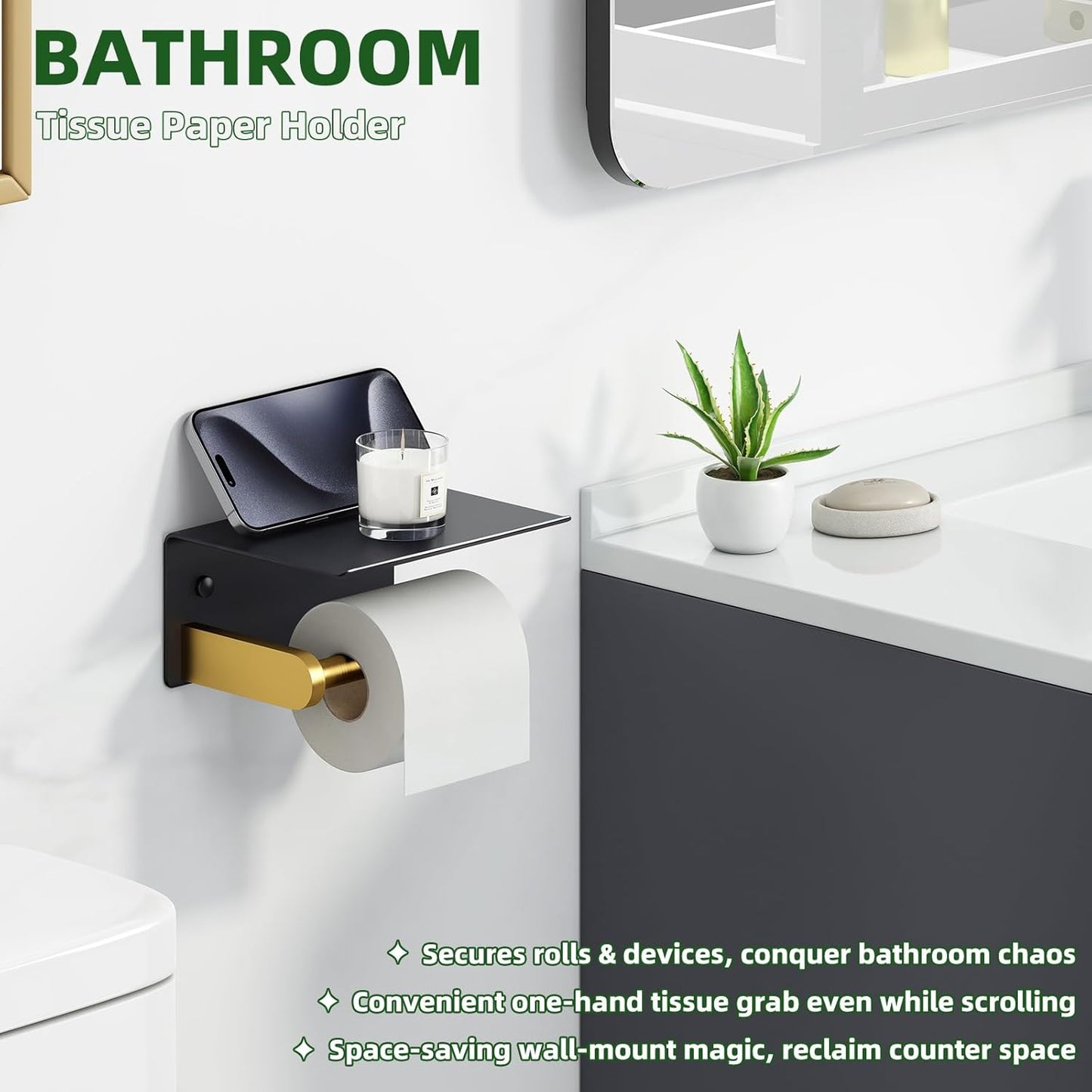 Black Gold Toilet Paper Holder with Phone Shelf, 304 Stainless Steel Bathroom Paper Holder Wall Mounted, Heavy Duty Tissue Roll Dispenser