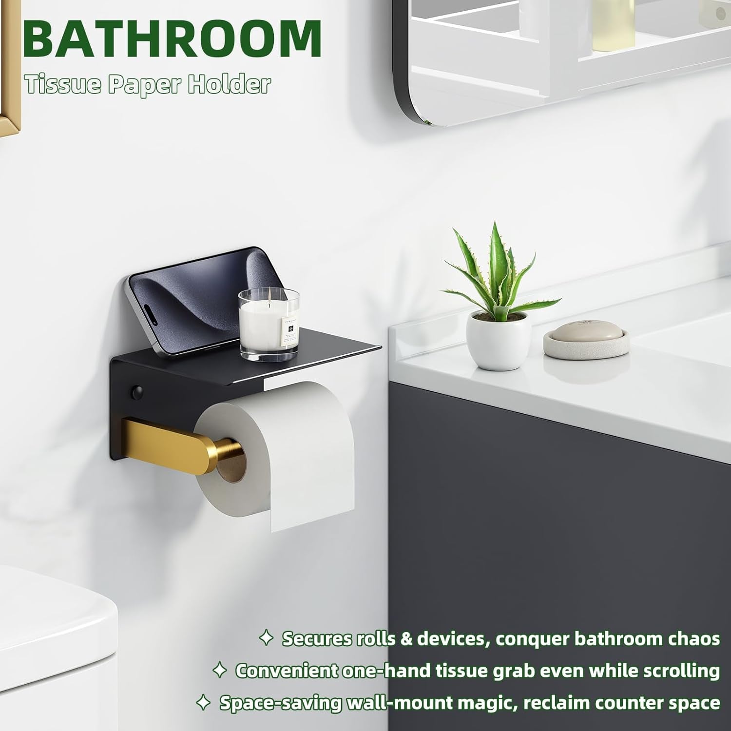 Black Gold Toilet Paper Holder with Phone Shelf, 304 Stainless Steel Bathroom Paper Holder Wall Mounted, Heavy Duty Tissue Roll Dispenser