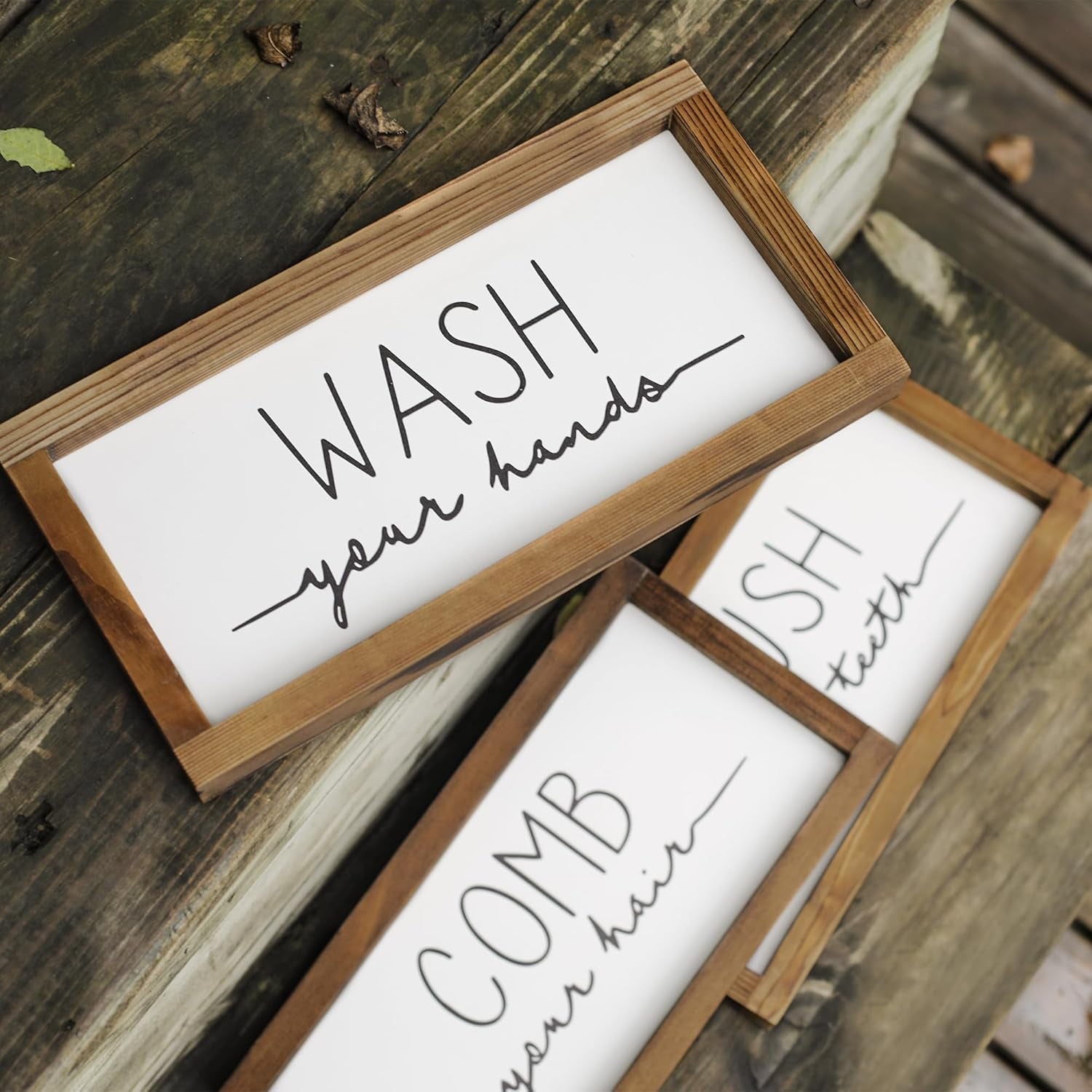 Bathroom Sign & Plaque (Set of 3) Wash Your Hands Brush Your Teeth Comb Your Hair Decorative Rustic Wood Farmhouse Bathroom Wall Decor (White)