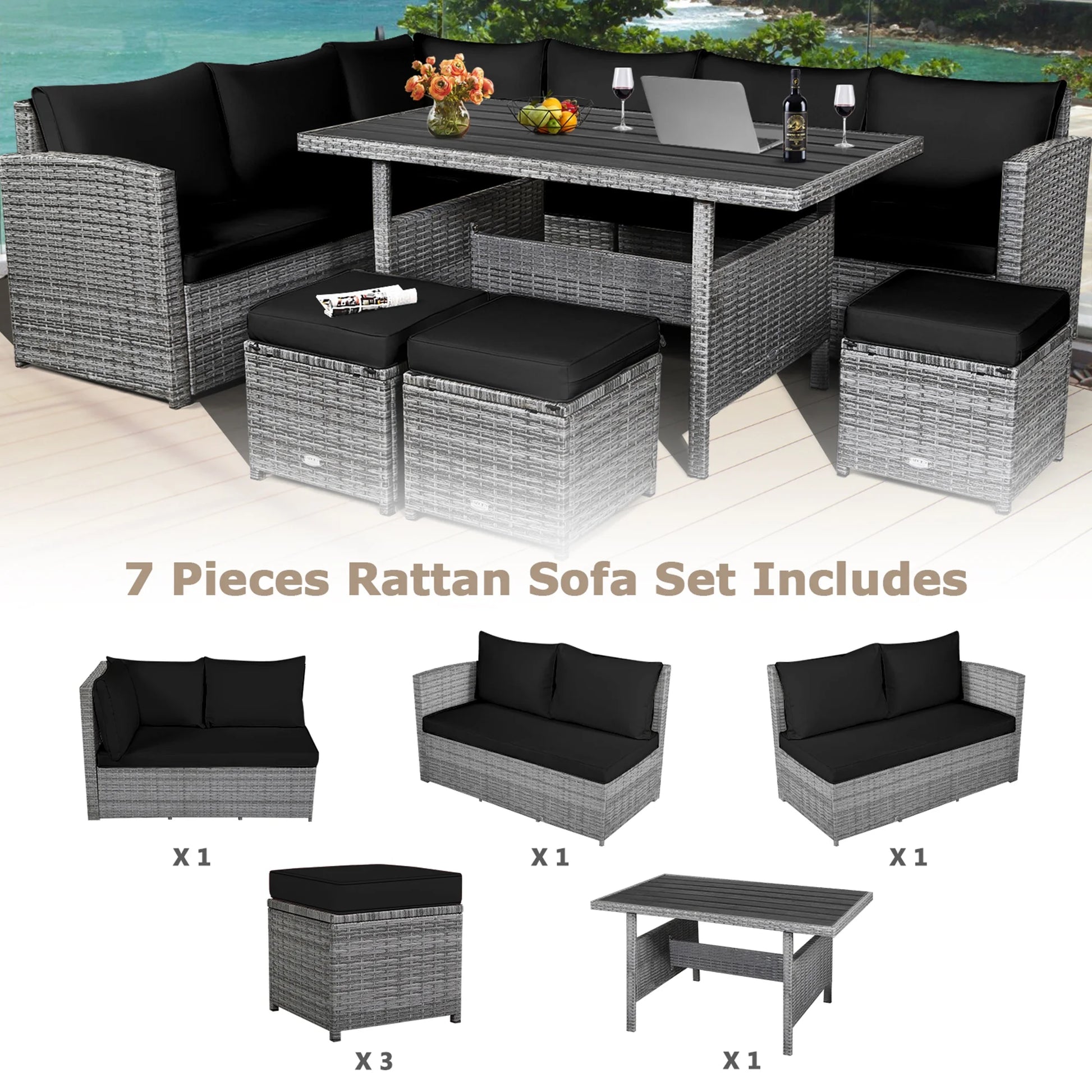 7PCS Rattan Patio Sectional Sofa Set Conversation Set W/ Black Cushions