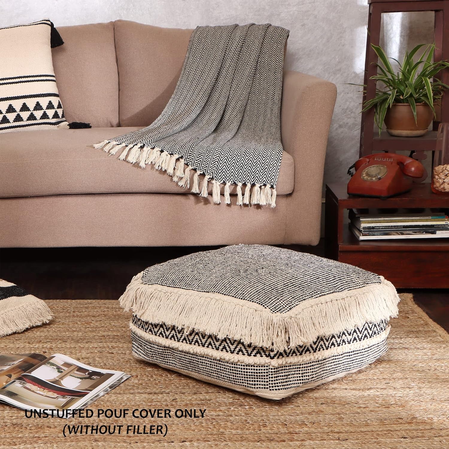 · UNSTUFFED Pouf Ottoman Cover Textured Storage Cube Boho Bean Bag Footrest Stool for Living Room, Bedroom,Nursery, Farmhouse, Kidsroom, Patio, Gym; 100% Cotton (20"X20"X8"; Black)