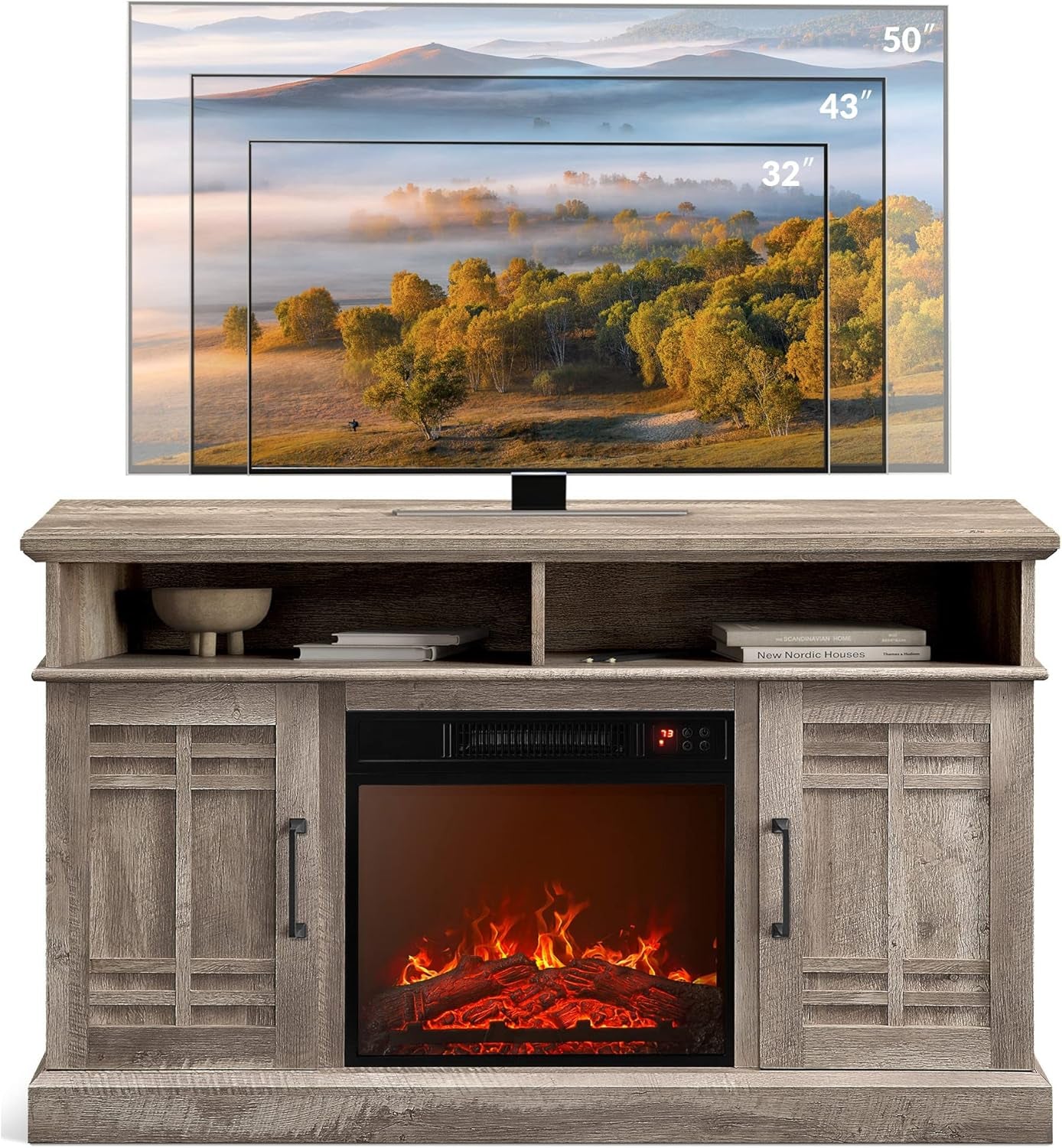 48" TV Stand with 18" Electric Fireplace Heater, Modern TV Stand for Tvs up to 50", Entertainment Media Stand with Open Shelves and Storage Cabinets for Living Room, Bedroom (Ashland Pine)