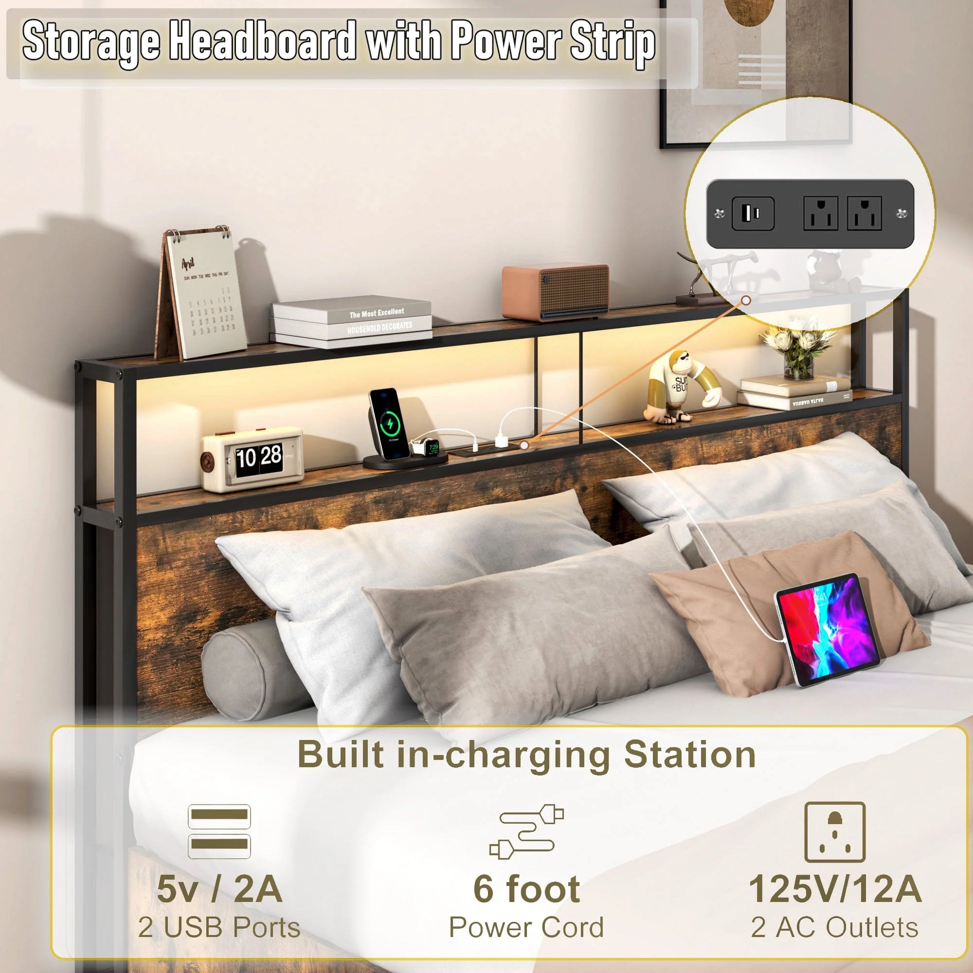 King Size Bed Frame with LED Light & Outlets USB Ports, Metal Platform Bed with Storage Headboard & 4 Large Drawers, No Box Spring Needed