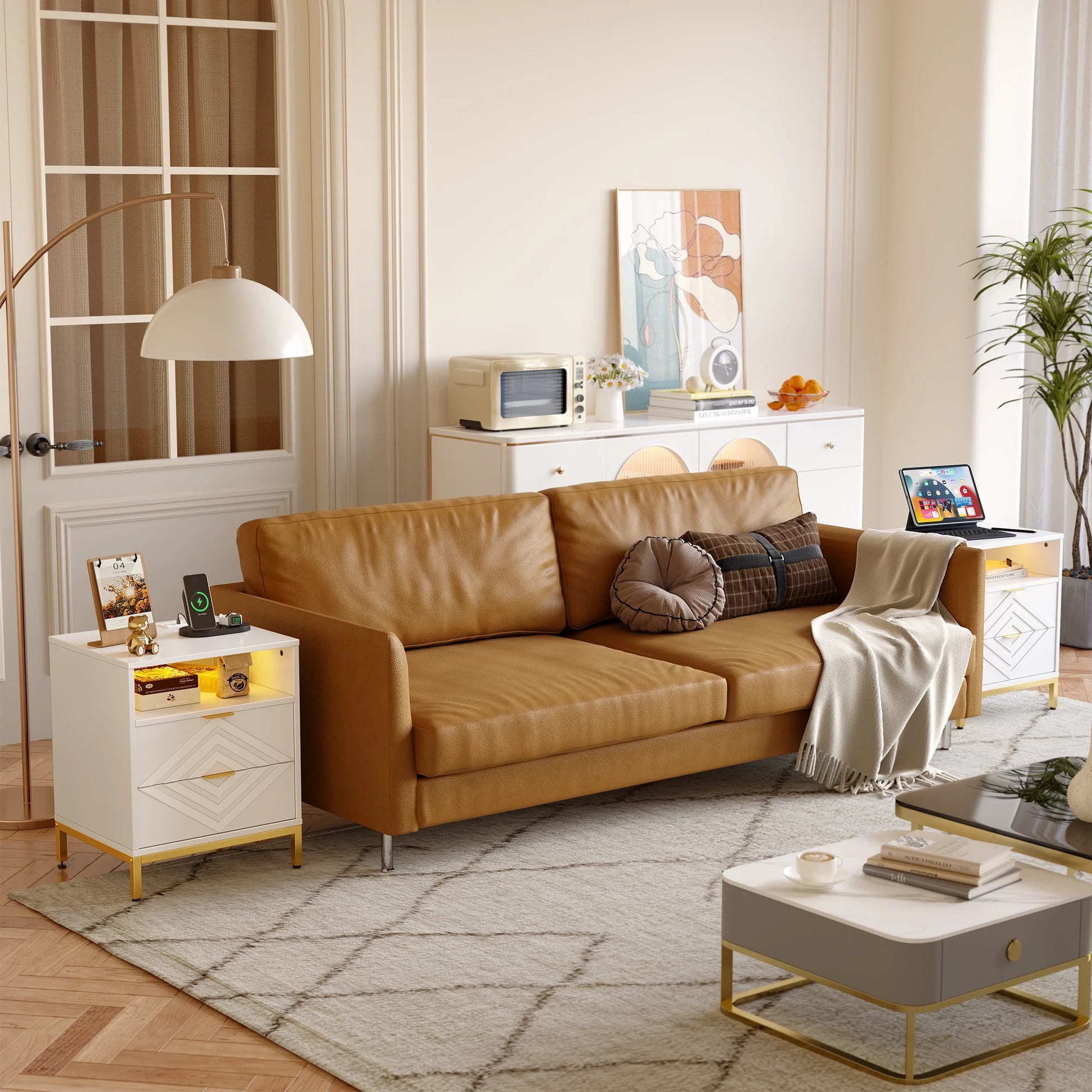 LED Nightstand with 2 Drawers, Charging Station, White Modern Night Table High Gloss End Side Table for Bedroom