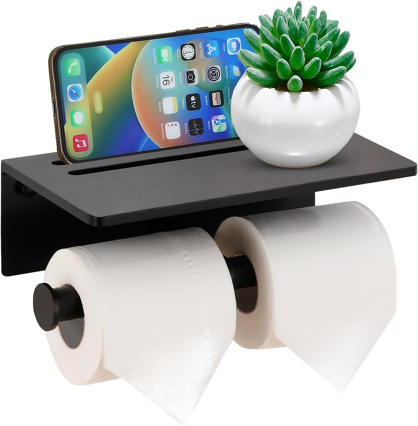 Toilet Paper Holder - Aluminium Double Roll Toilet Tissue Holder with Mobile Phone Shelf for Bathroom, 3M Self Adhesive No Drilling or Wall-Mounted with Screws, Rustproof Modern Style Black