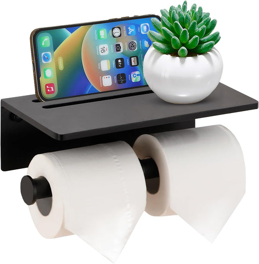 Toilet Paper Holder - Aluminium Double Roll Toilet Tissue Holder with Mobile Phone Shelf for Bathroom, 3M Self Adhesive No Drilling or Wall-Mounted with Screws, Rustproof Modern Style Black