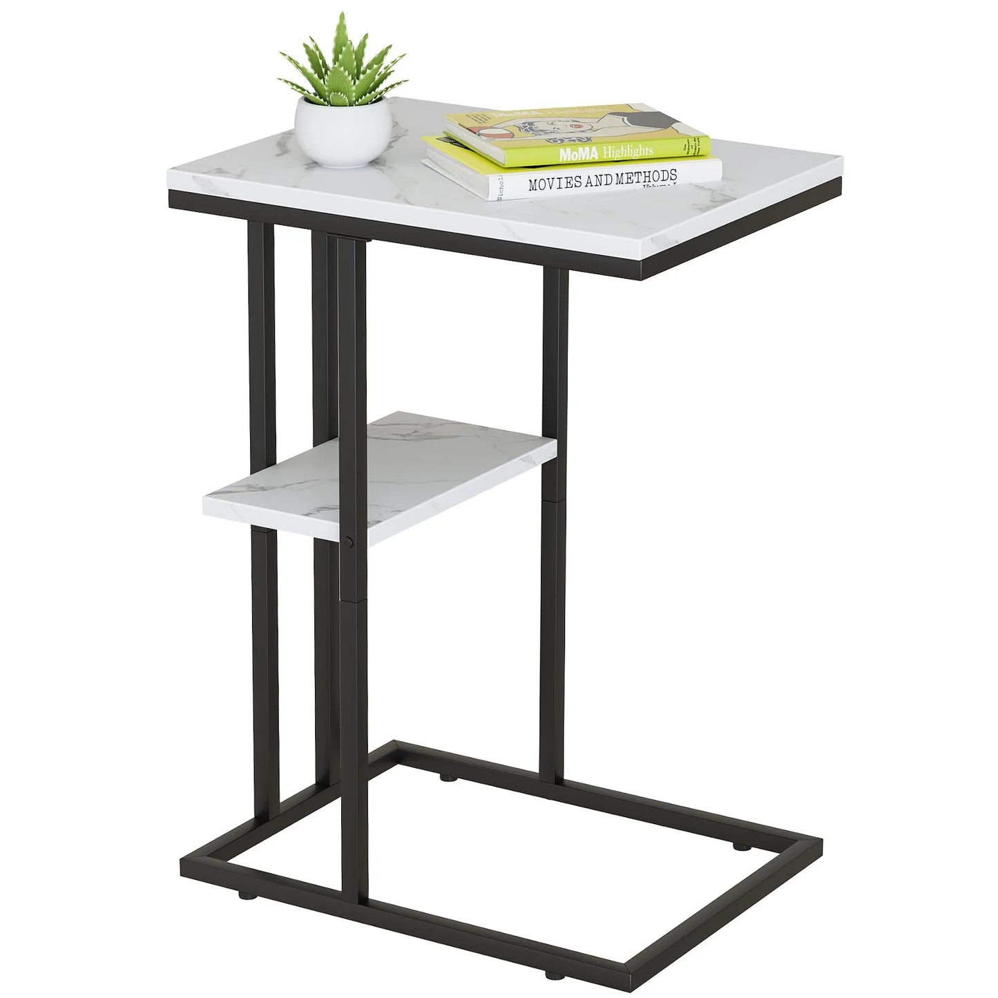 Easy Paws C Shaped End Table,Small Side Table for Couch and Bed, Gold Snack Couch Table for Small Spaces, Living Room, Bedroom,Bedside (White Marble)