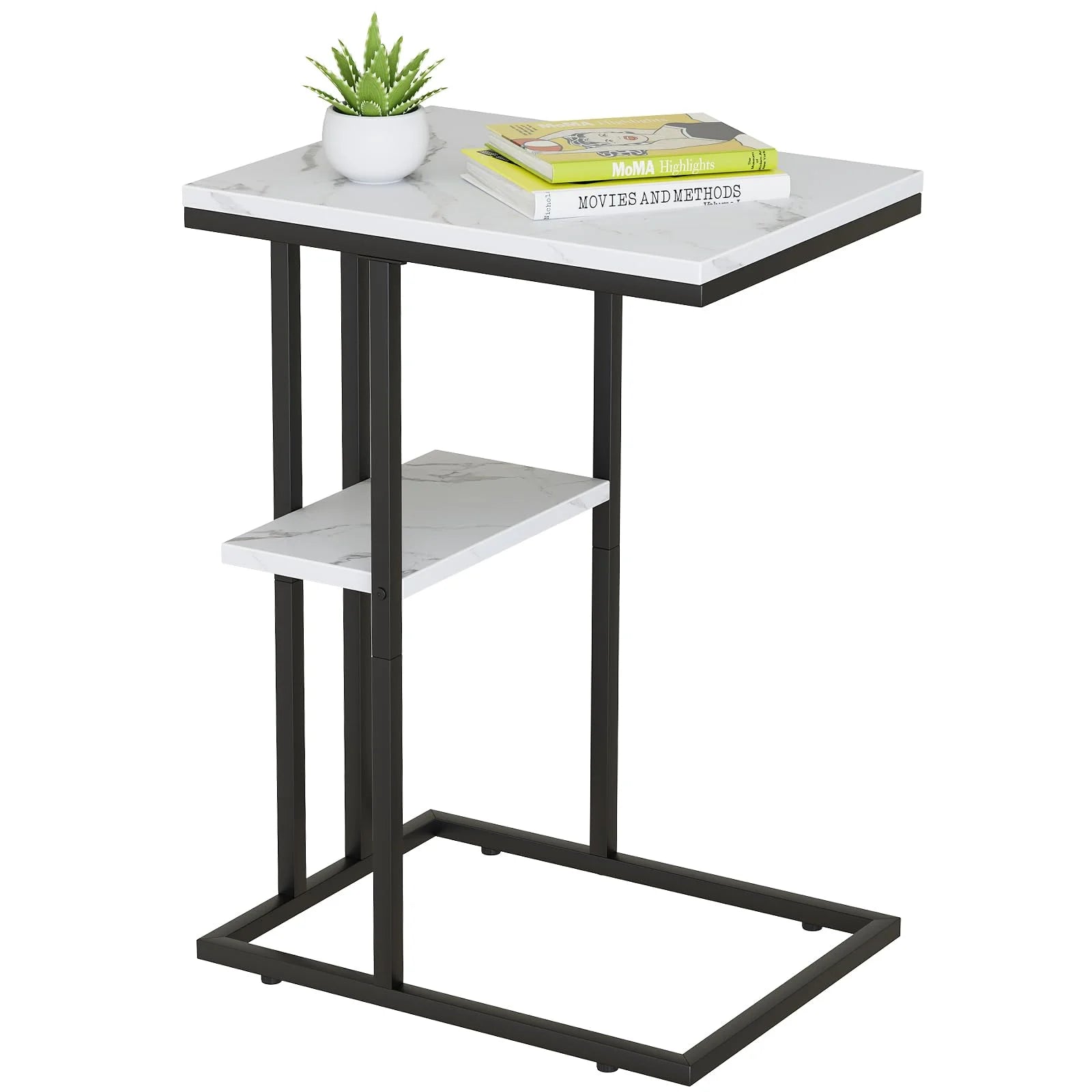 Easy Paws C Shaped End Table,Small Side Table for Couch and Bed, Gold Snack Couch Table for Small Spaces, Living Room, Bedroom,Bedside (White Marble)