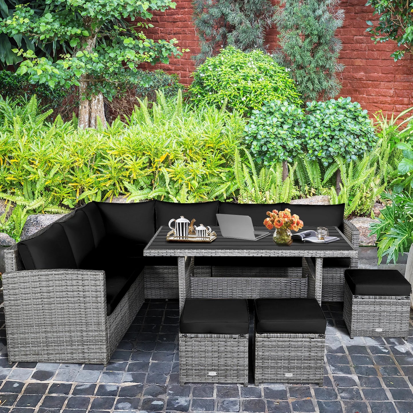 7PCS Rattan Patio Sectional Sofa Set Conversation Set W/ Black Cushions