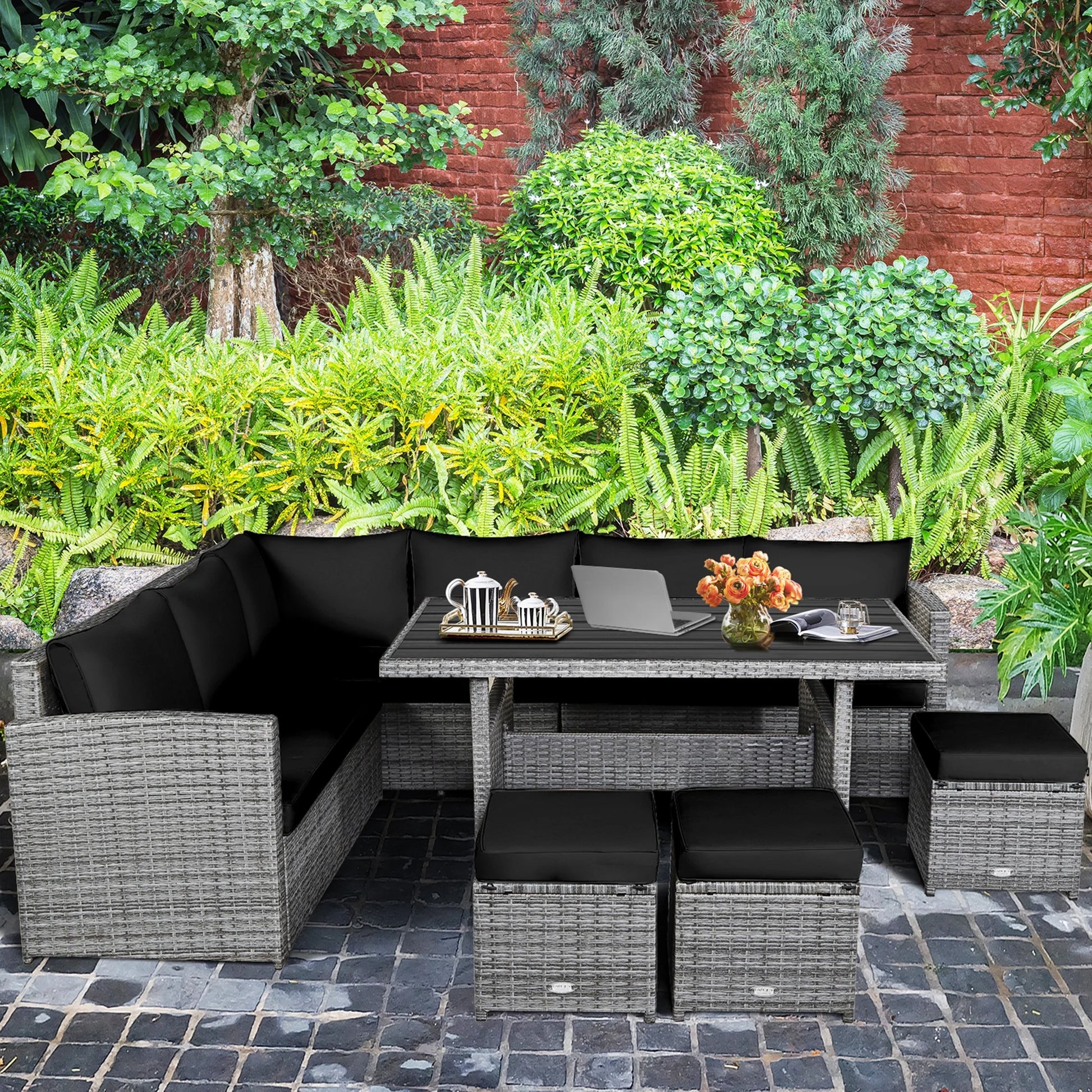 7PCS Rattan Patio Sectional Sofa Set Conversation Set W/ Black Cushions