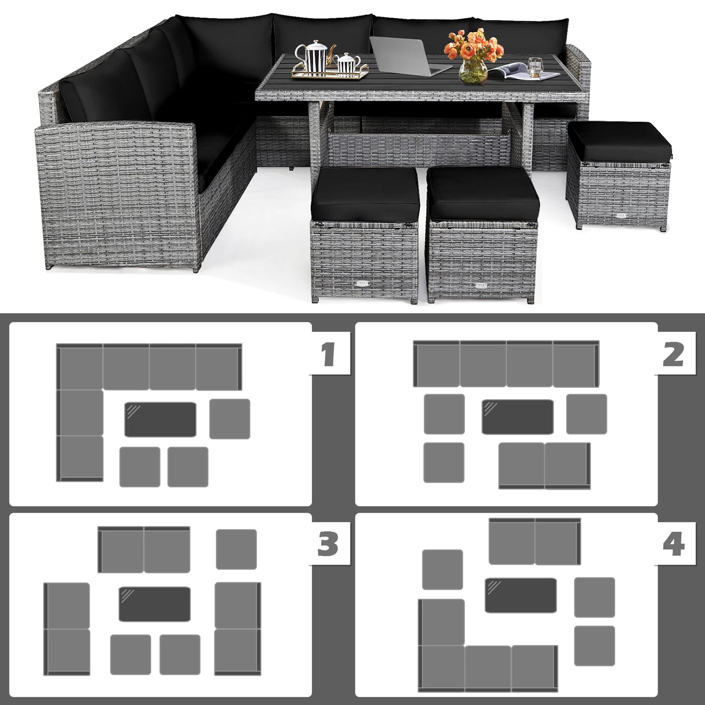 7PCS Rattan Patio Sectional Sofa Set Conversation Set W/ Black Cushions