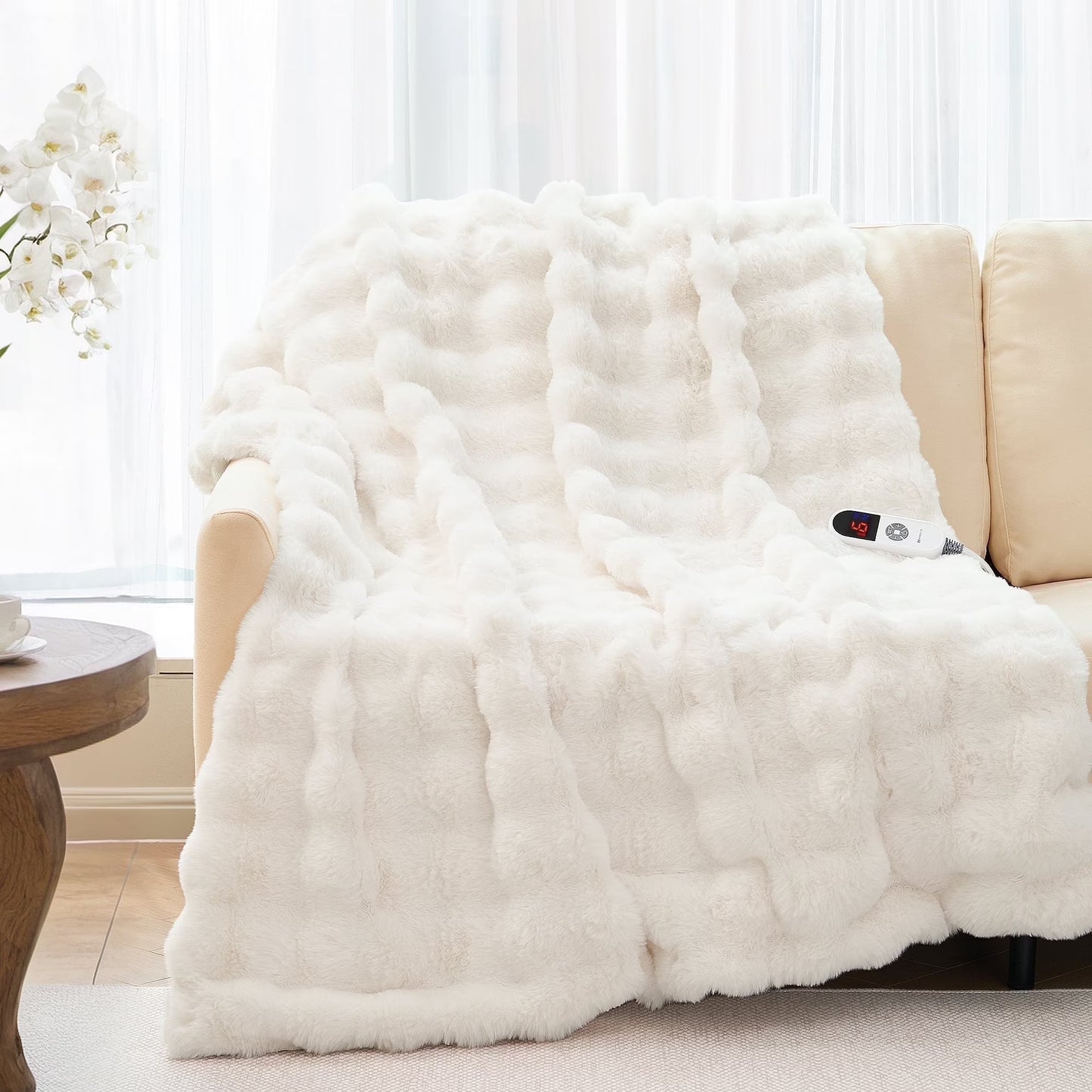 Electric Throw Blanket 50"X60", Faux Fur Heated Throw, 6 Heating Levels, 4 Hours Timer - White