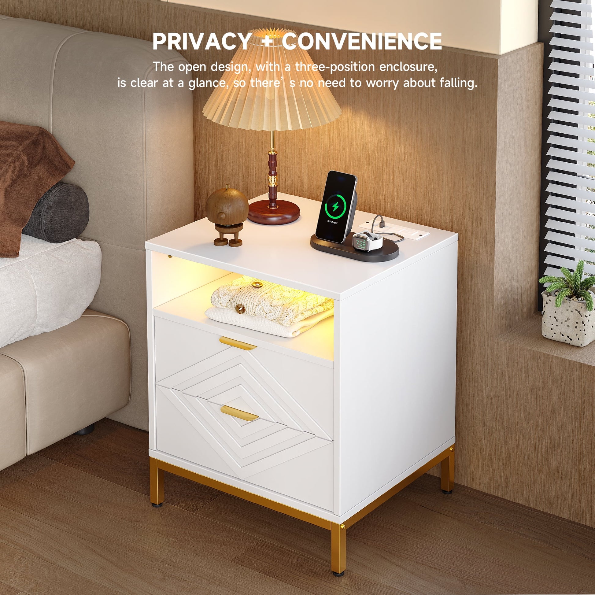 LED Nightstand with 2 Drawers, Charging Station, White Modern Night Table High Gloss End Side Table for Bedroom