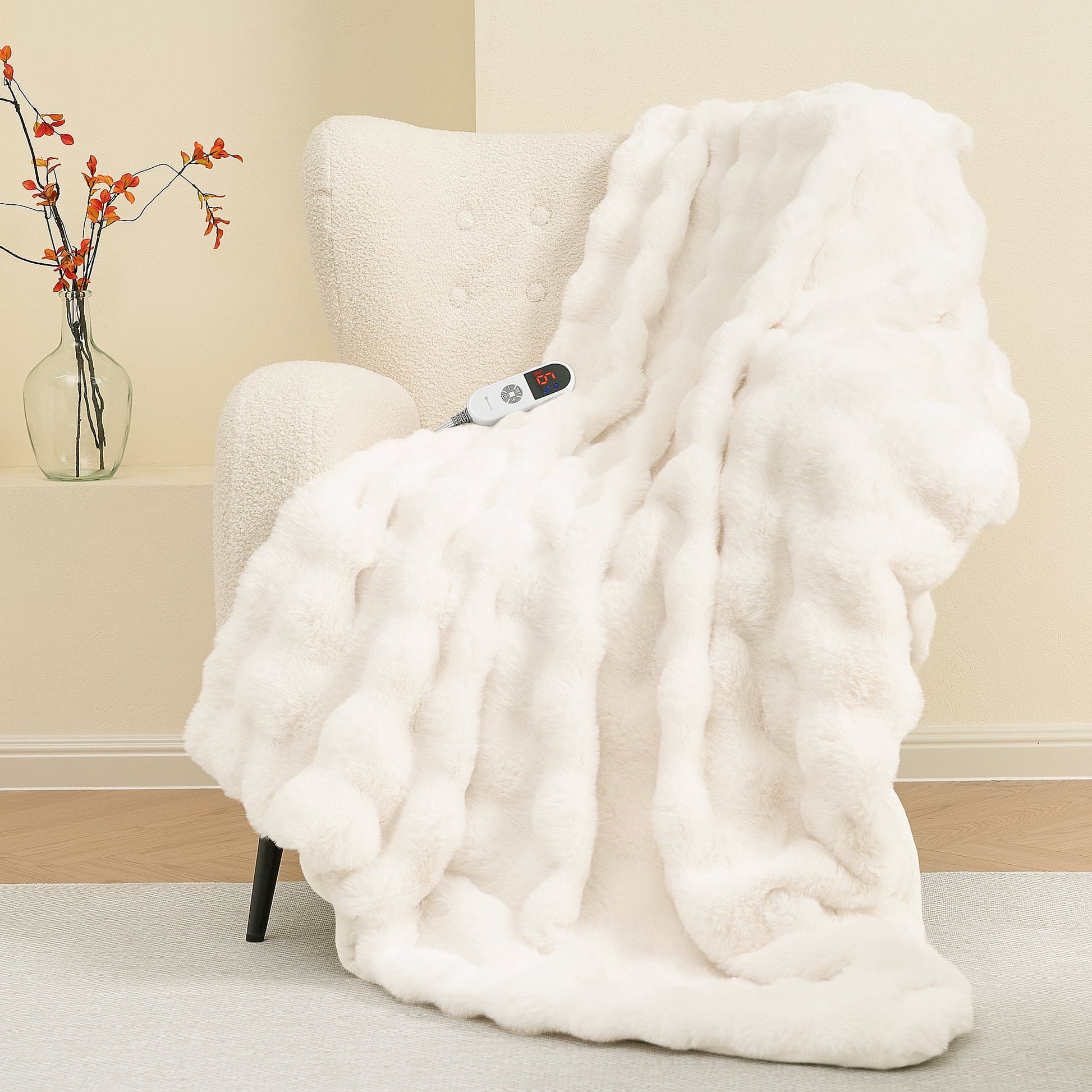 Electric Throw Blanket 50"X60", Faux Fur Heated Throw, 6 Heating Levels, 4 Hours Timer - White