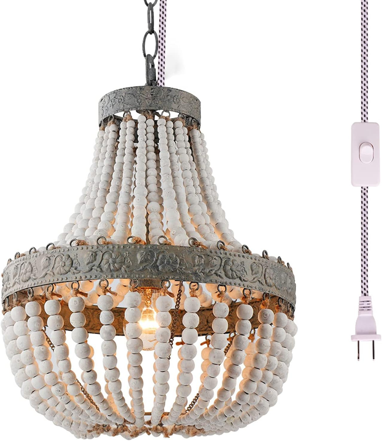 Wood Bead Chandelier Pendant Gray White Finishing Bohemian Boho Beachy Ceiling Lamp Light Fixtures (13.8 In*16.5In-Plug In)