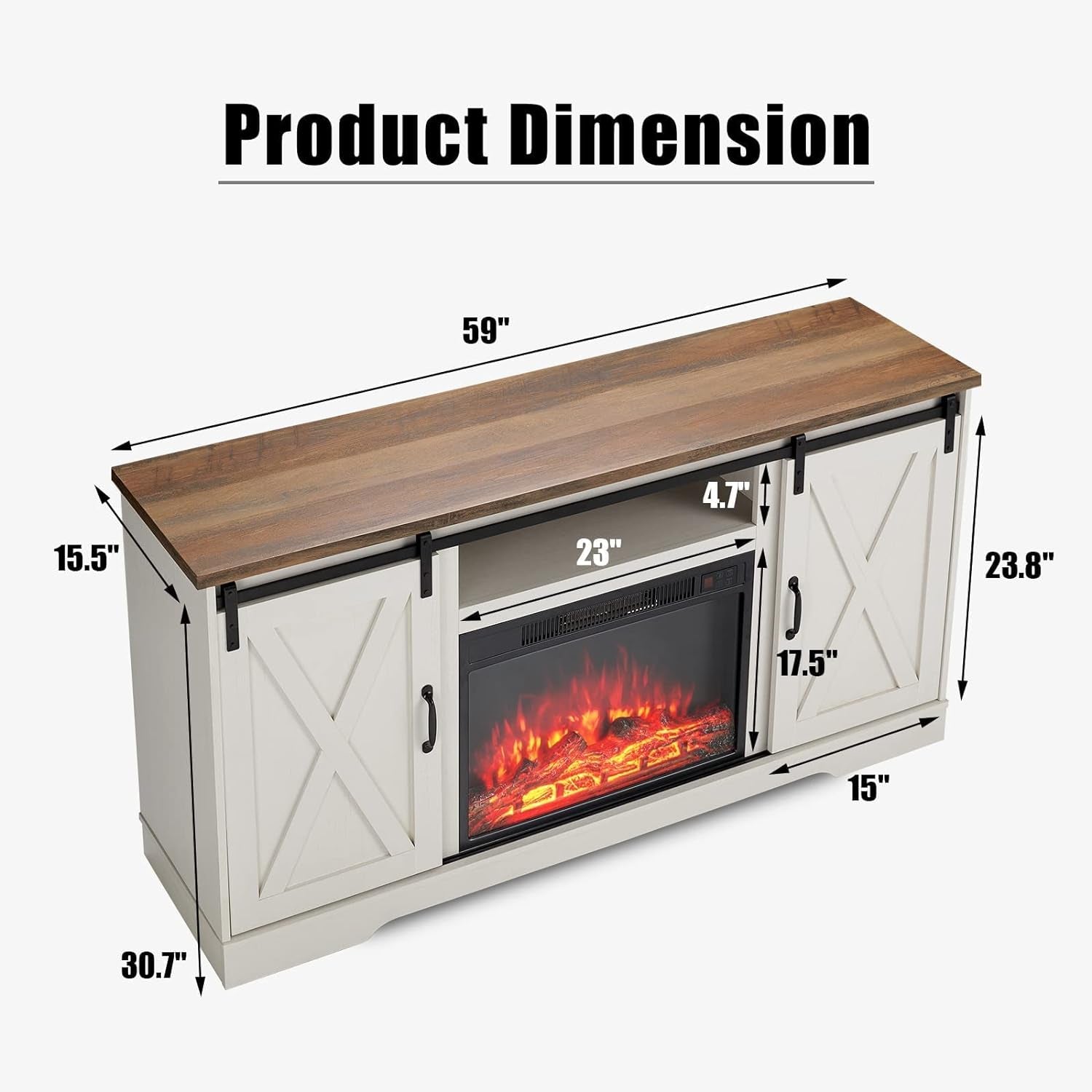 Fireplace TV Stand with Sliding Barn Door for Tvs up to 65", Farmhouse 59" Fireplace Entertainment Center with Storage Cabinets/Adjustable Shelves, Distressed White & Barnwood
