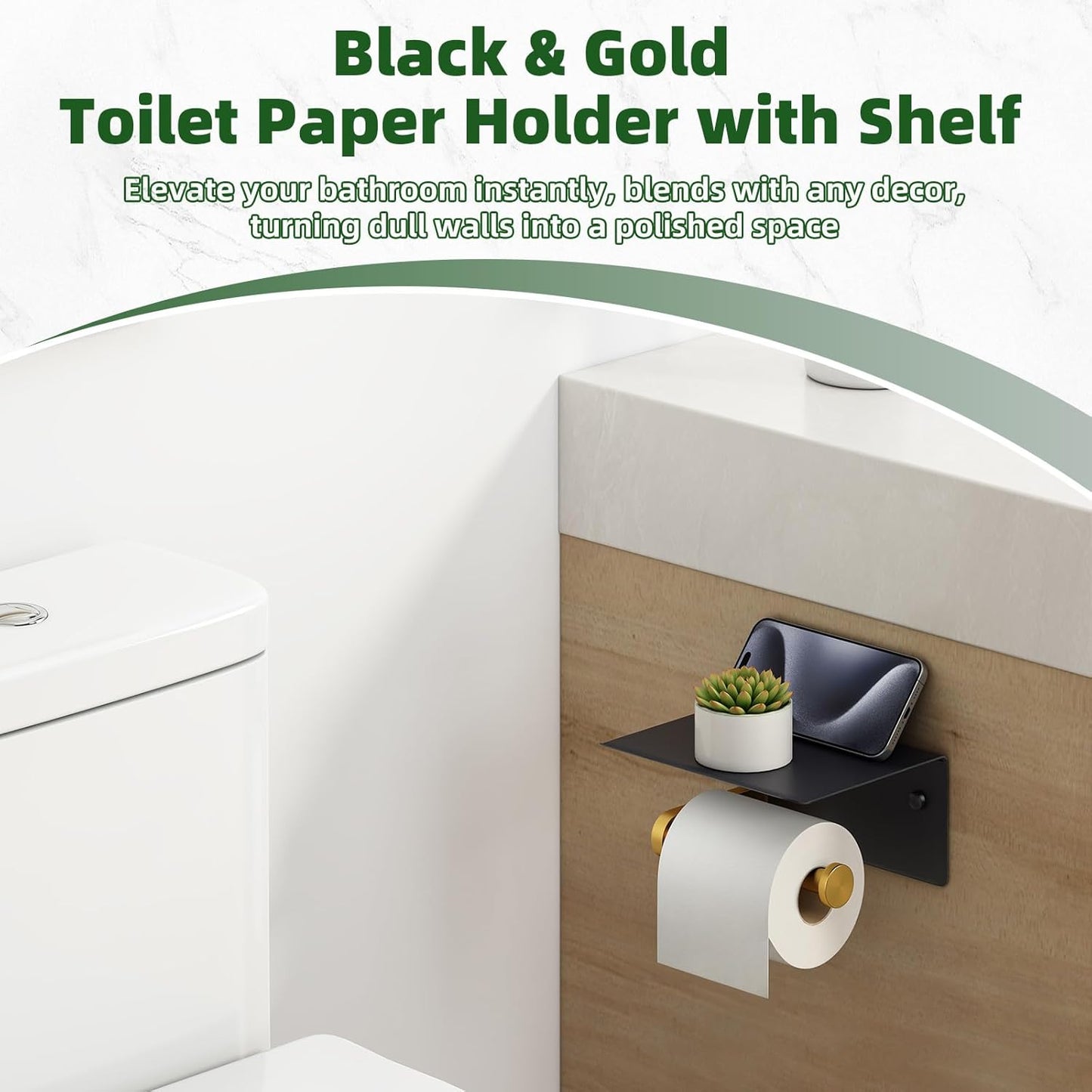 Black Gold Toilet Paper Holder with Phone Shelf, 304 Stainless Steel Bathroom Paper Holder Wall Mounted, Heavy Duty Tissue Roll Dispenser