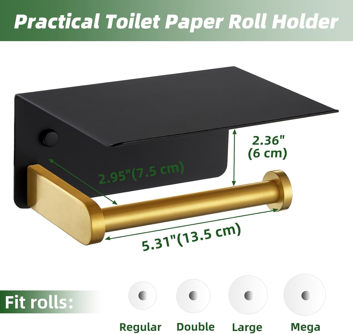 Black Gold Toilet Paper Holder with Phone Shelf, 304 Stainless Steel Bathroom Paper Holder Wall Mounted, Heavy Duty Tissue Roll Dispenser