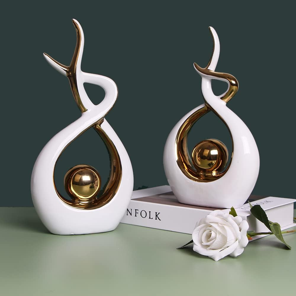 Home Decor Modern Abstract Art Ceramic Statue Table Decorations for Dining Room Living Room Office Centerpiece (White and Gold, Small)