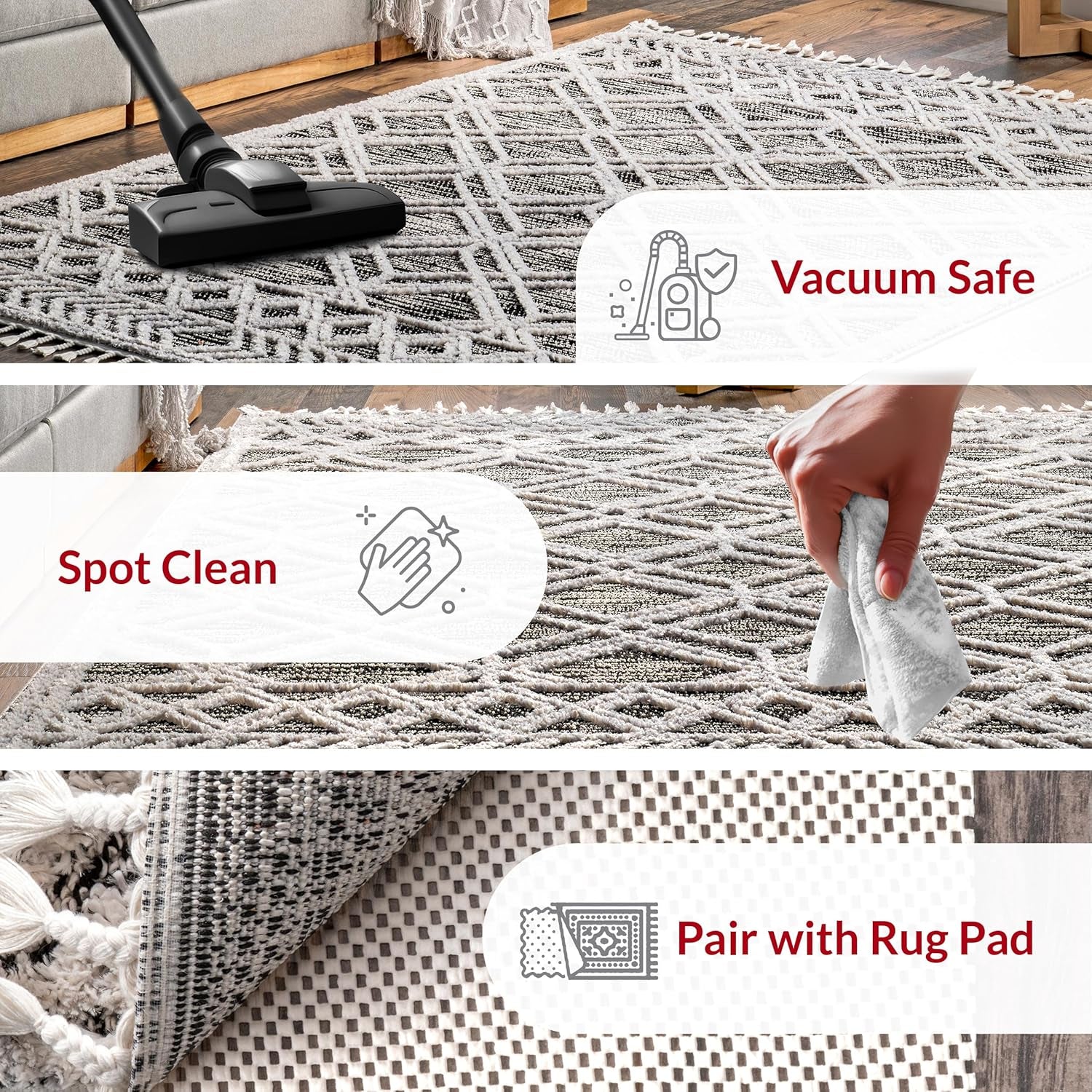 9X12 Ansley Moroccan Tassel Area Rug, Grey, High-Low Textured Bohemian Design, Plush High Pile, Stain Resistant, for Bedroom, Living Room, Hallway, Entryway