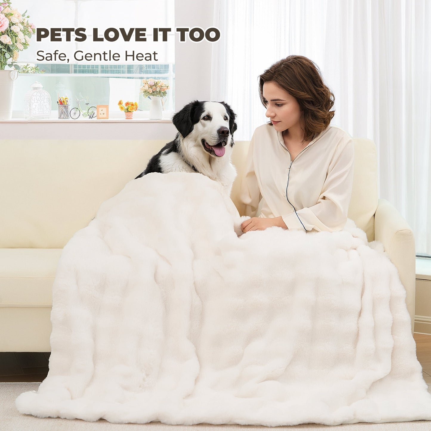 Electric Throw Blanket 50"X60", Faux Fur Heated Throw, 6 Heating Levels, 4 Hours Timer - White