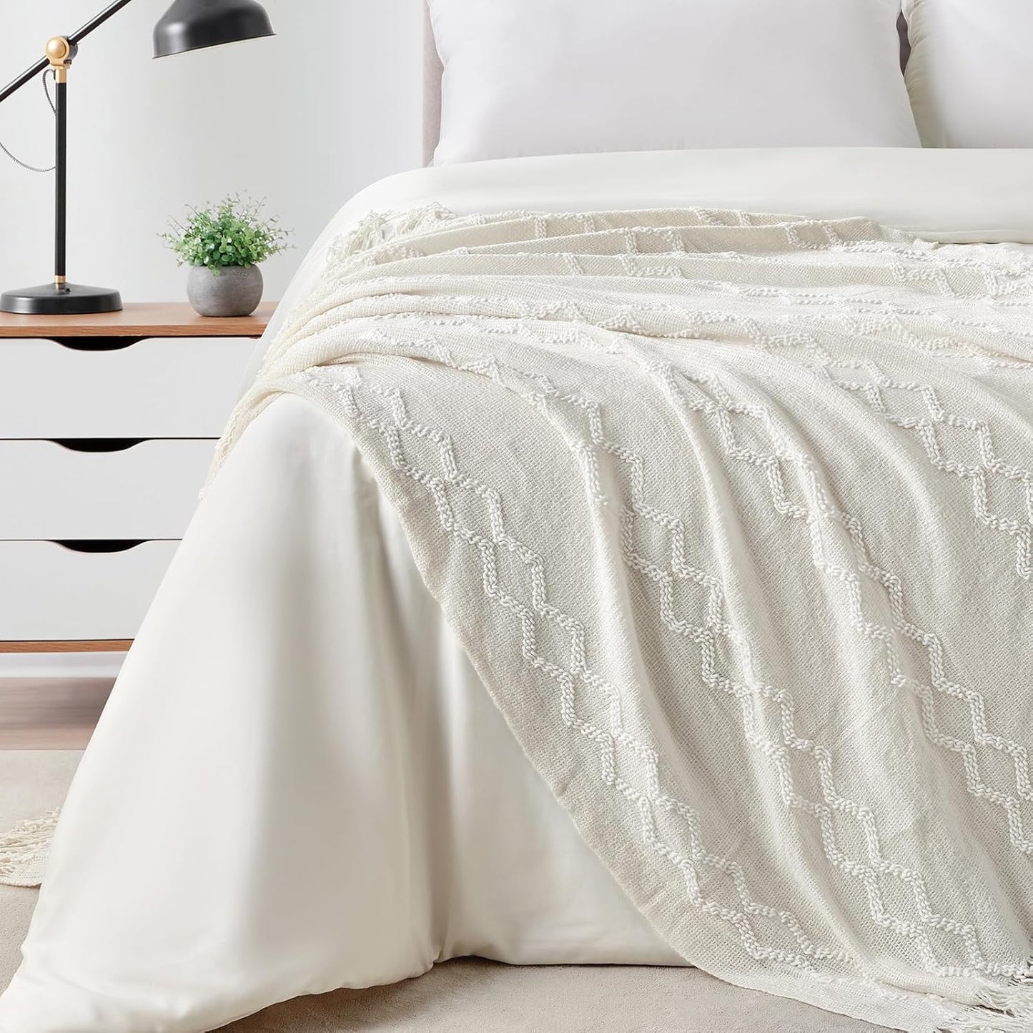 Fluffy Chenille Knitted Fringe Throw Blanket Lightweight Soft Cozy for Bed Sofa Chair Throw Blankets, off White 50" X 60"