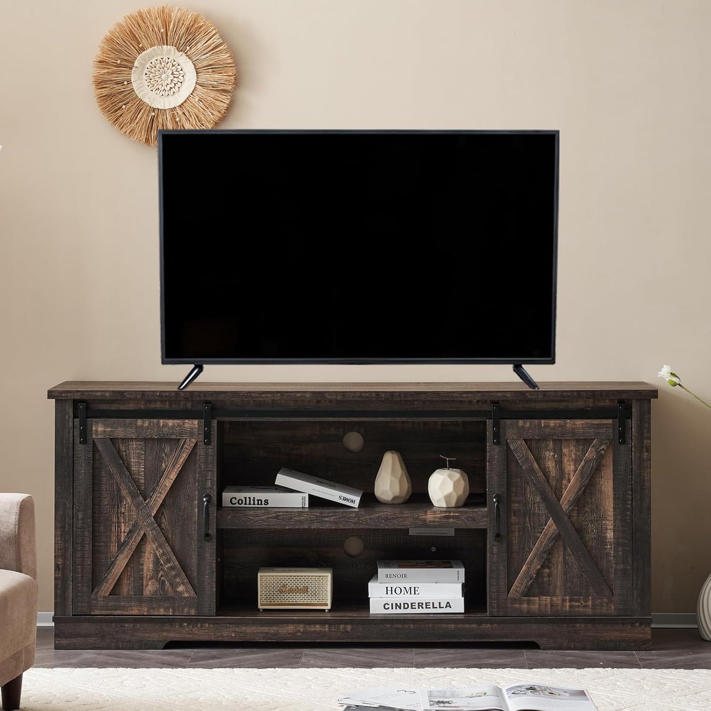 66" Farmhouse TV Stand for 75 Inches Tvs, Entertainment Center with Sliding Barn Door and Adjustable Shelf & Feet, Console Table with Storage, Dark Rustic Oak