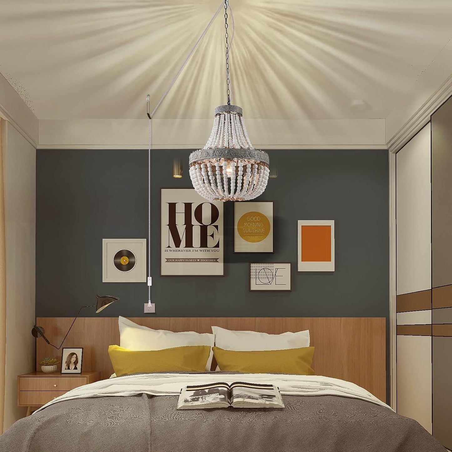 Wood Bead Chandelier Pendant Gray White Finishing Bohemian Boho Beachy Ceiling Lamp Light Fixtures (13.8 In*16.5In-Plug In)