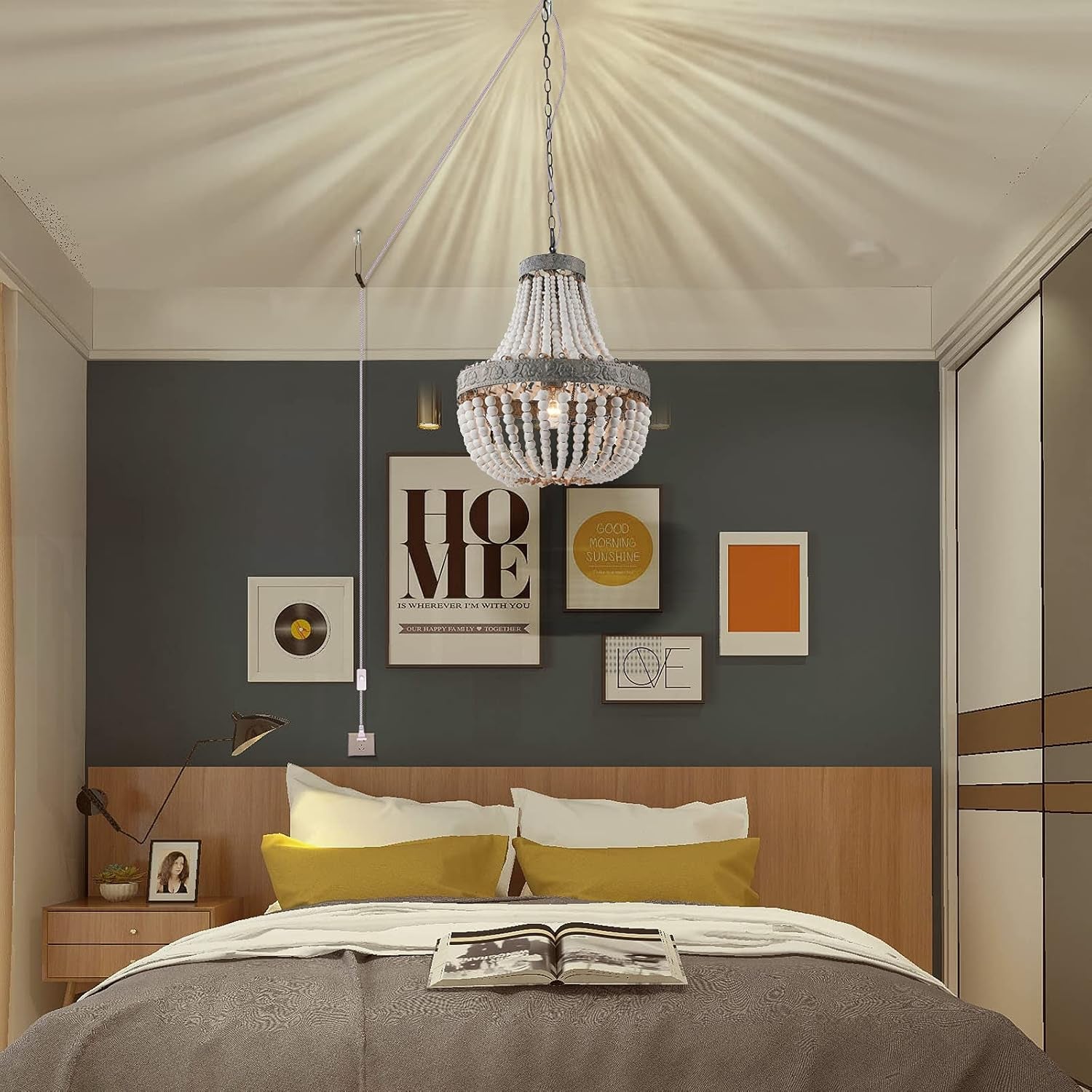 Wood Bead Chandelier Pendant Gray White Finishing Bohemian Boho Beachy Ceiling Lamp Light Fixtures (13.8 In*16.5In-Plug In)