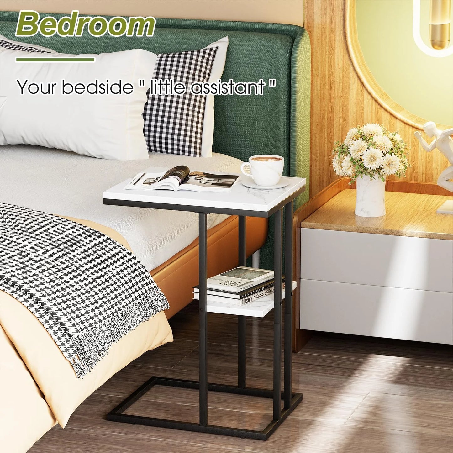 Easy Paws C Shaped End Table,Small Side Table for Couch and Bed, Gold Snack Couch Table for Small Spaces, Living Room, Bedroom,Bedside (White Marble)