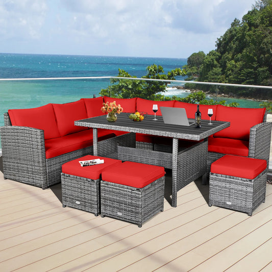 7PCS Rattan Patio Sectional Sofa Set Conversation Set W/ Red Cushions