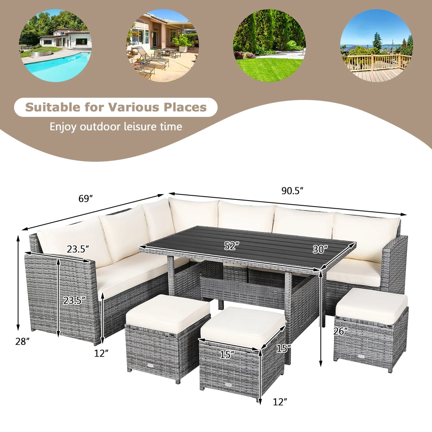 7PCS Rattan Patio Sectional Sofa Set Conversation Set W/ White Cushions