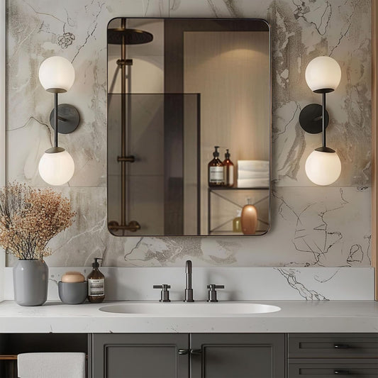 Wall Mirror for Bathroom, 22" X 30" Bronze Bathroom Mirror with Stainless Steel Metal Frame Rounded Corner 1’’ Deep Set Design